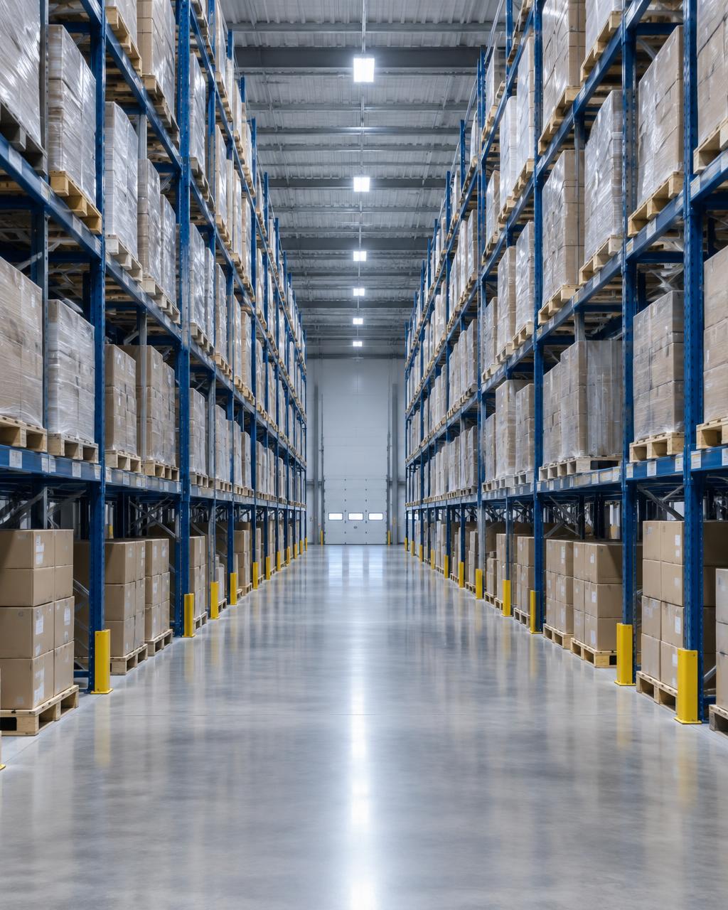 Orderly wholesale distribution center with stocked pallet racks